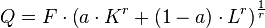  Q = F \cdot \left(a \cdot K^r+(1-a) \cdot L^r\right)^{\frac{1}{r}} 