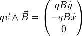 q \vec v \wedge \vec B = \begin{pmatrix} qB\dot y  \\ -qB \dot x  \\ 0 \end{pmatrix}