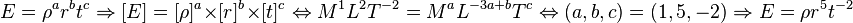 E =\rho ^a r^b t^c \Rightarrow [E] =[\rho]^a \times [r]^b \times [t]^c \Leftrightarrow M^{1}L^{2}T^{-2}= M^{a}L^{-3a+b}T^{c} \Leftrightarrow (a,b,c)=(1,5,-2) \Rightarrow E =\rho r^5 t^{-2} 