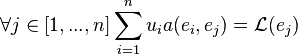  \forall j \in [1,...,n] \sum_{i =1}^n { u_i a( e_i, e_j ) } = \mathcal{L}(e_j)