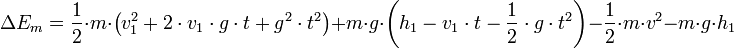 \Delta E_m = \dfrac12\cdot m\cdot \left(v_1^2 + 2\cdot v_1\cdot g\cdot t+ g^2\cdot t^2\right) + m\cdot g\cdot \left(h_1-v_1\cdot t - \dfrac12\cdot g\cdot t^2\right) -\dfrac12\cdot m\cdot v^2-m\cdot g\cdot h_1