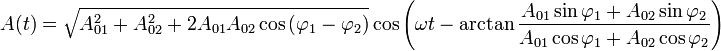 A(t)=\sqrt{A_{01}^2+A_{02}^2+2A_{01}A_{02}\cos\left(\varphi_1-\varphi_2\right)}\cos\left(\omega t - \arctan\frac{A_{01}\sin\varphi_1+A_{02}\sin\varphi_2}{A_{01}\cos\varphi_1+A_{02}\cos\varphi_2}\right)