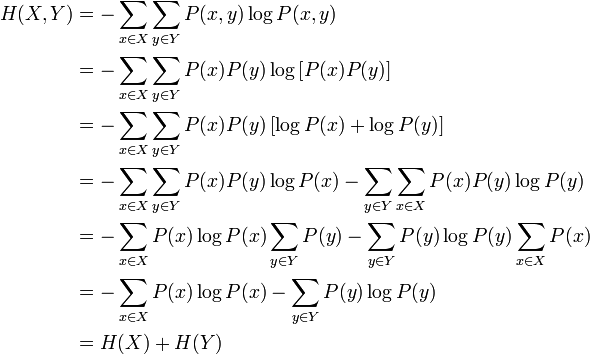 \begin{align} H(X,Y) &= -\sum_{x \in X}\sum_{y \in Y} P(x,y)\log P(x,y) \\
                             &= -\sum_{x \in X}\sum_{y \in Y} P(x)P(y)\log \left[ P(x)P(y)\right] \\
                             &= -\sum_{x \in X}\sum_{y \in Y} P(x)P(y)\left[\log P(x) + \log P(y)\right] \\
                             &= -\sum_{x \in X}\sum_{y \in Y} P(x)P(y)\log P(x) -\sum_{y \in Y}\sum_{x \in X} P(x)P(y)\log P(y) \\
                             &= -\sum_{x \in X}P(x)\log P(x)\sum_{y \in Y} P(y) -\sum_{y \in Y}P(y)\log P(y)\sum_{x \in X} P(x) \\
                             &= -\sum_{x \in X}P(x)\log P(x) -\sum_{y \in Y}P(y)\log P(y) \\
                             &= H(X)+H(Y) \end{align}