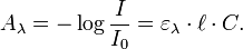  A_\lambda = -\log\frac{I}{I_0} = \varepsilon_\lambda \cdot \ell \cdot C.