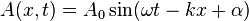 A (x, t) = A_0 \sin(\omega t - k x + \alpha)