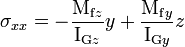 \sigma_{xx} = - \frac{\mathrm{M}_{\mathrm{f}z}}{\mathrm{I}_{\mathrm{G}z}}y + \frac{\mathrm{M}_{\mathrm{f}y}}{\mathrm{I}_{\mathrm{G}y}}z