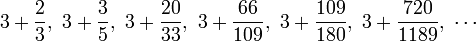  3+\frac{2}{3},\ 3+\frac{3}{5},\ 3+\frac{20}{33},\ 3+\frac{66}{109},\ 3+\frac{109}{180},\ 3+\frac{720}{1189},\ \cdots