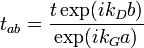 t_{ab}=\frac{t\exp(ik_Db)}{\exp(ik_Ga)}