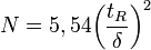 N=5,54{\left(\frac{t_R}{\delta}\right)}^2