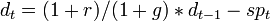 d_{t} = (1+r)/(1+g) * d_{t-1} - sp_{t}