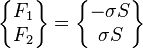  \begin{Bmatrix}F_1 \\ F_2 \end{Bmatrix} = \begin{Bmatrix}-\sigma S \\ \sigma S \end{Bmatrix} \,