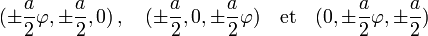  (\pm \frac a2\varphi, \pm \frac a2, 0)\,,\quad (\pm \frac a2, 0, \pm \frac a2\varphi)\quad \text{et}\quad (0,\pm \frac a2\varphi, \pm \frac a2) 