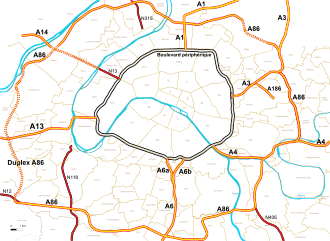 carte des deux principales ceintures de Paris : le périphérique et A86