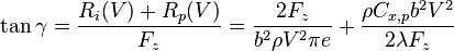 \tan \gamma = {R_i(V) + R_p(V) \over F_z} = {2 F_z \over b^2 \rho V^2 \pi e} + {\rho C_{x,p} b^2 V^2\over 2 \lambda F_z} 