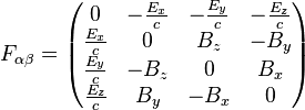 
  F_{\alpha\beta} 
 =  \begin{pmatrix}
        0 & -  \frac{E_x}{c} & -  \frac{E_y}{c} & -  \frac{E_z}{c} \\
        \frac{E_x}{c} &  0   & B_z & -  B_y \\
        \frac{E_y}{c} & -  B_z &  0   & B_x \\
        \frac{E_z}{c} & B_y &  -  B_x & 0    \\
      \end{pmatrix}
