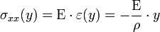 \sigma_{xx}(y) = \mathrm{E} \cdot \varepsilon(y) = -\frac{\mathrm{E}}{\rho} \cdot y