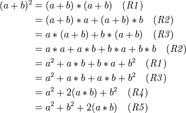 \begin{align}
(a+b)^2 &= (a + b) * (a + b) \quad \mathit{(R1)}\\
 &= (a + b) * a + (a + b) * b \quad \mathit{(R2)}\\
 &= a * (a + b) + b * (a + b) \quad \mathit{(R3)}\\
 &= a * a + a * b + b * a + b * b \quad \mathit{(R2)}\\
 &= a^2 + a * b + b * a + b^2 \quad \mathit{(R1)}\\
 &= a^2 + a * b + a * b + b^2 \quad \mathit{(R3)}\\
 &= a^2 + 2(a * b) + b^2 \quad \mathit{(R4)}\\
 &= a^2 + b^2 + 2(a * b) \quad \mathit{(R5)}\\
\end{align}