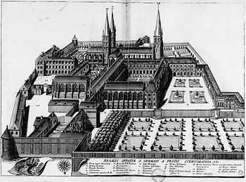 Gravure représentant l'abbaye, avec l'abbatiale et d'autres bâtiments, des jardins et potagers entourés du mur de clôture