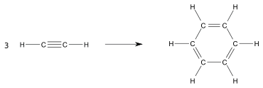 Bilan réactionnel de la trimérisation de l'acétylène ; réactif : 3 acétylène C2H2 ; produit : benzène C6H6
