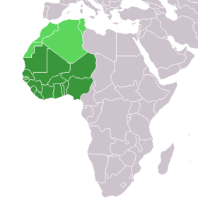 Zone CEDEAO (+ Mauritanie) en vert foncé et autres pays parfois inclus dans la définition en vert clair.