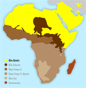 Répartition des langues chamito-sémitiques (en jaune) parmi les langues africaines.