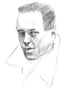 Croquis crayonné représentant le buste d'Albert Camus de trois-quart.