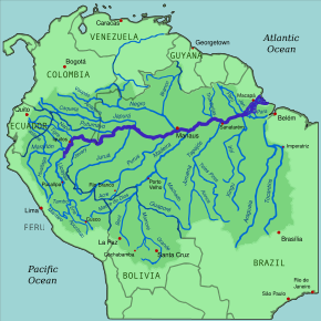 Carte du bassin de l'Amazone, avec le fleuve surligné