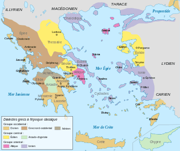 Distribution des dialectes grecs, aux alentours de 400 av. J.-C.