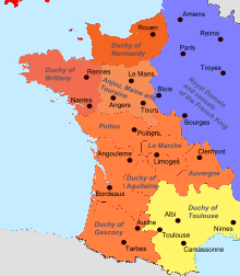 Carte de la France montrant les différents territoires Plantagênet