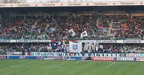 vue d'une tribune derrière un but, les supporters brandissant des drapeaux