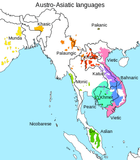 Carte des branches principales des langues austroasiatiques. Le môn-khmer les rassemble toutes à l'exception du munda.