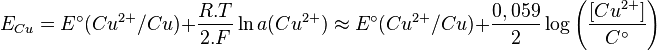 
E_{Cu} = E^\circ (Cu^{2+}/Cu) + \frac{R.T}{2.F}\ln{a(Cu^{2+})}
\approx  E^\circ (Cu^{2+}/Cu) + \frac{0,059}{2}\log{\left( \frac{\left[Cu^{2+}\right]}{C^\circ} \right)}
