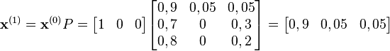 
    \mathbf{x}^{(1)} = \mathbf{x}^{(0)} P  = 
\begin{bmatrix}
        1 & 0 & 0
\end{bmatrix}
\begin{bmatrix}
0,9 & 0,05 & 0,05 \\
0,7 & 0 & 0,3 \\
0,8 & 0 & 0,2 \\
\end{bmatrix}

= \begin{bmatrix}
        0,9 & 0,05 & 0,05
  \end{bmatrix} 
