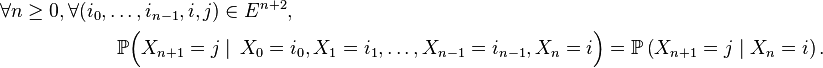 \begin{align}\forall n\ge 0, \forall (i_0,\ldots,i_{n-1},i,j)&\in E^{n+2},
\\
\mathbb{P}\Big(X_{n+1}=j&\mid\, X_0=i_0, X_1=i_1,\ldots, X_{n-1}=i_{n-1},X_n=i\Big) = \mathbb{P}\left(X_{n+1}=j\mid X_n=i\right).
\end{align}