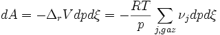 dA= - \Delta_r V dpd\xi =  - \frac {RT}{p} \sum_{j,gaz}\nu_j dpd\xi~