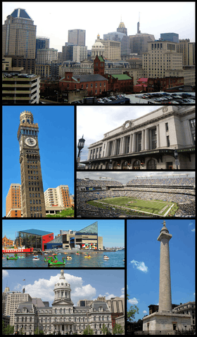Downtown Baltimore, Emerson Bromo-Seltzer Tower, Pennsylvania Station, M&T Bank Stadium, Inner Harbor, l'Aquarium national de Baltimore, le Baltimore City Hall et le Washington Monument