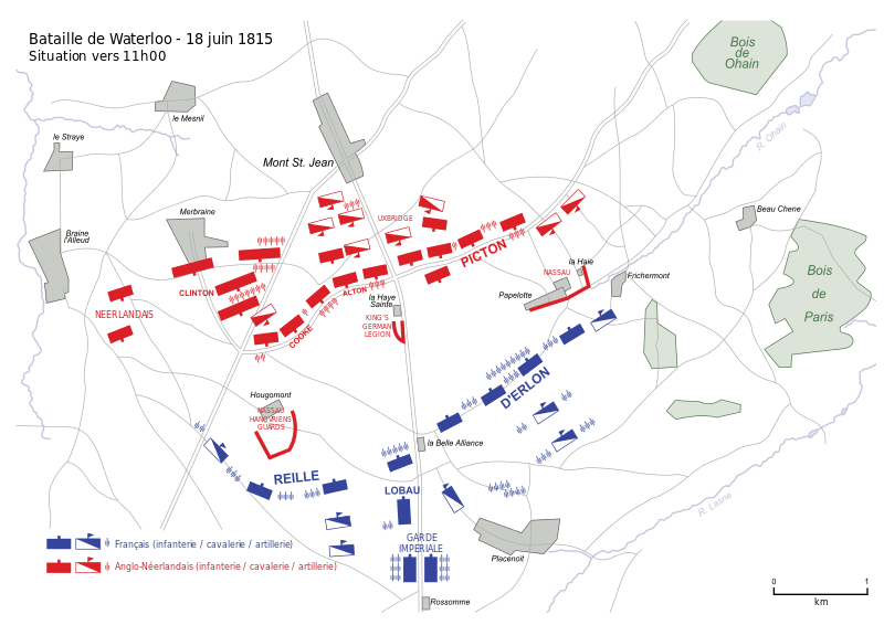 Carte des forces en présence à la bataille de Waterloo, le 18 juin 1815