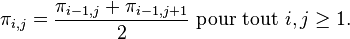 \pi_{i,j}=\frac{\pi_{i-1,j}+\pi_{i-1,j+1}}2\text{ pour tout }i,j\ge1.