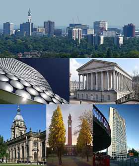 De haut en bas et de gauche à droite : centre-ville, magasin Selfridges au Bull Ring, hôtel de ville, cathédrale Saint-Philippe, université de Birmingham, tour Alpha.