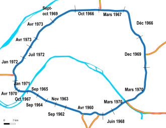 Carte des mises en service par sections, de 1962 à 1973