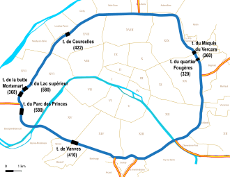 Schéma localisant les 7 tunnels de plus de 300 m (5 dans la partie gauche, 2 à droite)