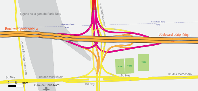 Schéma de l'échangeur de la porte de la Chapelle, le périph est horizontal, l'autoroute A1 se raccorde par le haut