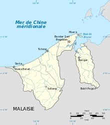 Carte topographique de Brunei représentant les districts et leur chef-lieu, les lacs et cours d'eau.