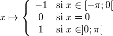 x \mapsto \left\{\begin{array}{cl} -1 & \mbox{si } x \in [-\pi;0[ \\ 0 & \mbox{si } x = 0 \\ 1 & \mbox{si } x \in ]0;\pi[\end{array}\right. 