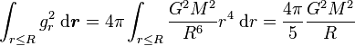 \int_{r \leq R} g_r^2 \; {\rm d} {\boldsymbol r} = 4 \pi \int_{r \leq R} \frac{G^2 M^2}{R^6} r^4 \; {\rm d} r = \frac{4 \pi}{5} \frac{G^2 M^2}{R}