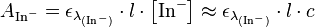 A_{\mathrm{In}^-}  = \epsilon_{\lambda_{(\mathrm{In}^-)}}\cdot l \cdot \left[ \mathrm{In}^- \right] \approx  \epsilon_{\lambda_{(\mathrm{In}^-)}}\cdot l \cdot c 