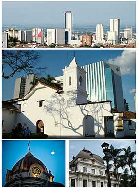 Vue générale de la ville (en haut), église de La Merced (au milieu), le Palais municipal (en bas à gauche), et la Cathédrale San Pedro (en bas à droite)