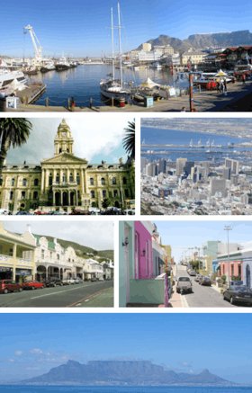 De haut en bas et de gauche à droite : Victoria & Alfred Waterfront, hôtel de ville, City Bowl, Simon's Town, Bo-Kaap, montagne de la Table.