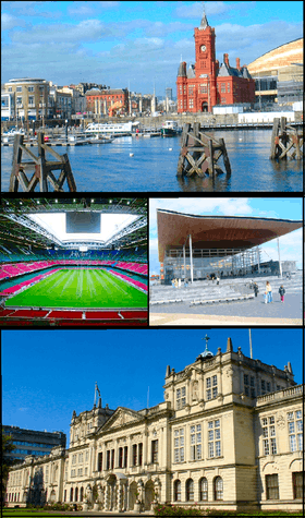 Dans le sens des aiguilles d'une montre en partant du haut : baie de Cardiff, Assemblée nationale de Galles, université de Cardiff et Millennium Stadium.