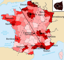 Ici figure une carte démographique de la France, montrant les densités de population par département et faisant figurer la « diagonale du vide » et la ligne Le Havre-Marseille.